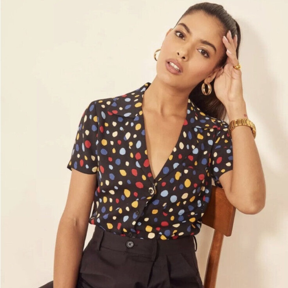 Reformation Cuba Top in Fiesta Black Polka Dot